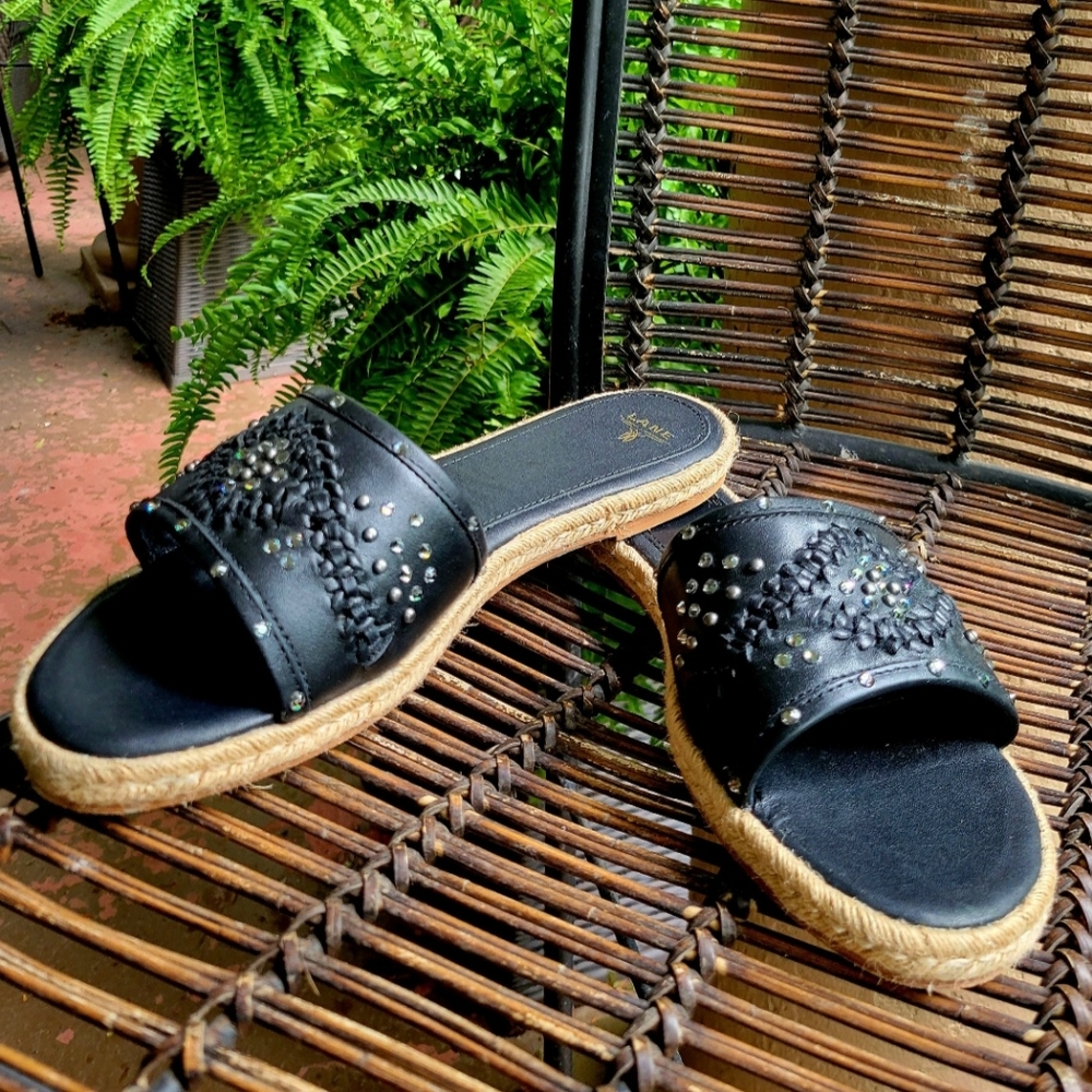 Black Studded Slide Sandals with Braided Espadrille Sole